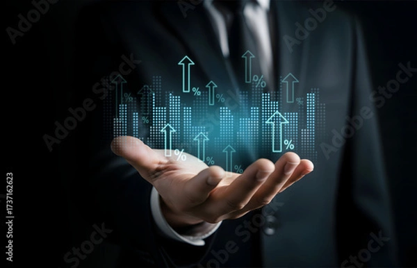 Obraz Driving Financial Growth with Digital Business Insights, Hand holds glowing financial charts and data in tech interface