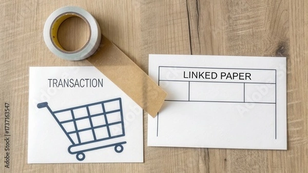 Fototapeta Shopping Cart and Linked Paper with Tape on Wooden Surface for Transaction Concept