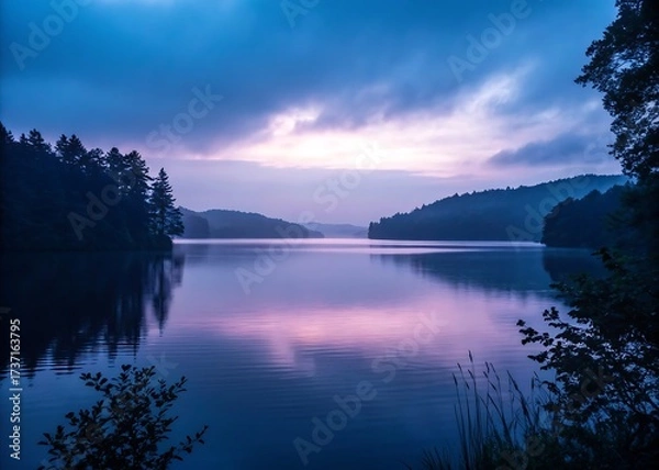Fototapeta Serene twilight over a calm lake surrounded by majestic forested hills