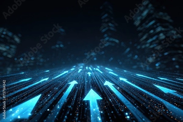 Fototapeta Perspective view of glowing arrows moving towards the skyline of a futuristic city