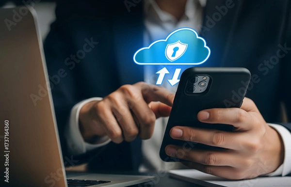Obraz Secure Cloud Data Transfer in Mobile Business Environment, Smartphone shows cloud lock icon with upload and download arrows