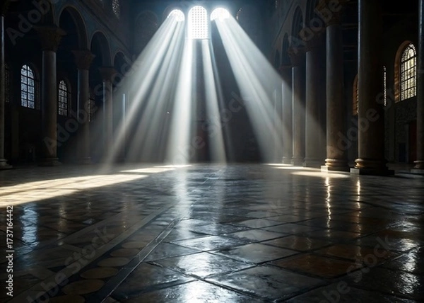 Obraz Dramatic sunbeams illuminate a grand empty hallway with reflective floor
