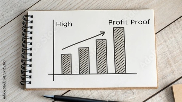 Fototapeta Simple illustration of a profit growth chart on a notepad with wooden background showcasing high profit potential and success trend