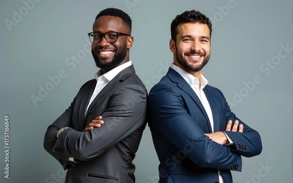 Obraz Two successful multicultural businesspeople standing back to back, arms crossed. High quality