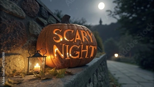 Fototapeta Spooky Pumpkin Display with Glowing Carvings Illuminated by Lantern Under Full Moon in Autumn Landscape