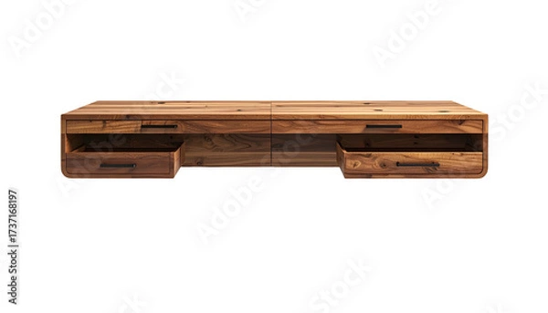 Fototapeta Wooden desk furniture crafted with drawers features a modern design and minimalist aesthetics against a dark background, showcasing the details of the drawers for a workplace.