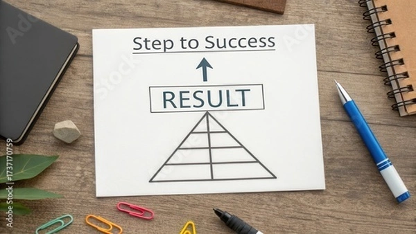 Fototapeta Step to Success Concept with Result Sign on Paper and Office Supplies on Wooden Desk