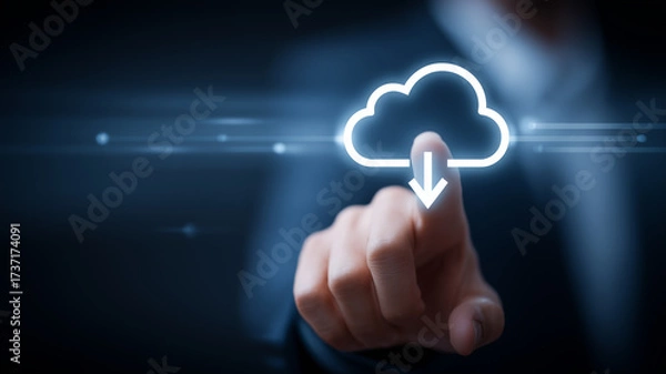 Obraz Finger selecting a cloud with a download arrow illustrating seamless data access cloud computing services and reliable digital workflows.
