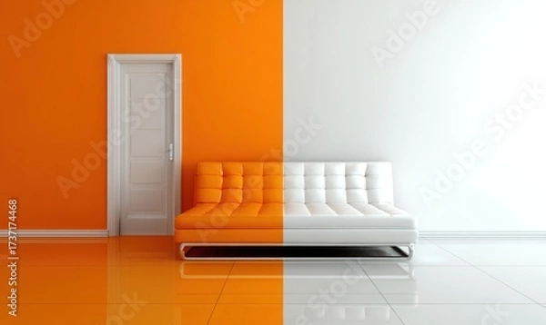 Fototapeta Room split vertically, orange & white, features a matching sofa, and door, minimalist