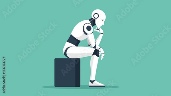 Fototapeta Humanoid robot sitting in thinker pose, symbol of philosophy, technology, future, intelligence, reflection, human and machine concept, modern society metaphor. Flat vector illustration