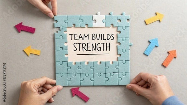 Fototapeta Team Building Activity Shows Hands Assembling Puzzle Pieces With Text Team Builds Strength Surrounded By Colorful Arrows