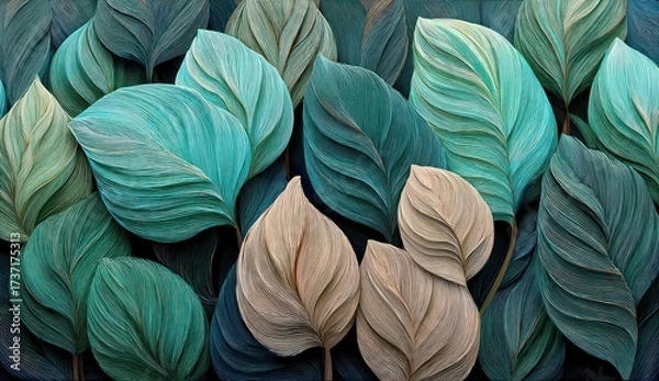 Fototapeta Close-up of stylized leaves in shades of teal, beige, and dark green, overlapping
