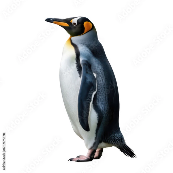 Fototapeta King penguin with distinctive orange ear patches and beak on black isolated on a transparent background