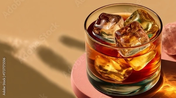 Fototapeta Whiskey on the Rocks: A close-up of an exquisite drink, crystal-clear ice cubes chill a vibrant spirit within an elegant glass.