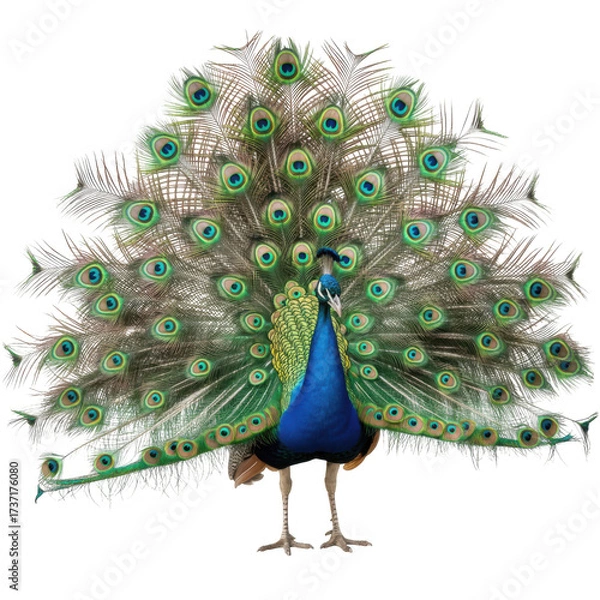 Fototapeta Male peacock displaying iridescent blue green feathers and eye spots isolated on a transparent background
