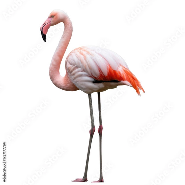 Fototapeta Pink flamingo bird with long legs and curved neck standing isolated on a transparent background animal