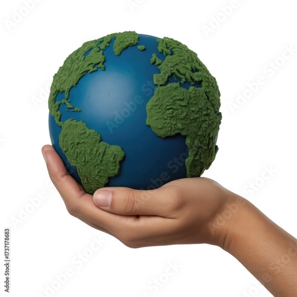 Fototapeta Realistic hand holding textured green land globe against black background isolated on a transparent background
