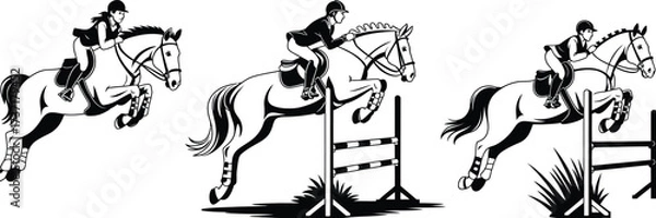 Fototapeta Horse Jumping Illustration,  Equestrian Riders Competing, Professional Show Jumping Event, Horseback Riding Contest Vector, Athletic Riders Over Obstacles, Outdoor Sport Arena Design, Classic Horse Ri