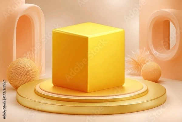 Fototapeta Rendered golden cube on a platform with archways, spheres, and a soft, pastel backdrop
