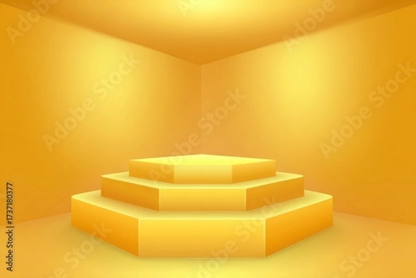 Fototapeta A geometric, stepped platform, bathed in warm light within a minimalist, golden-hued corner
