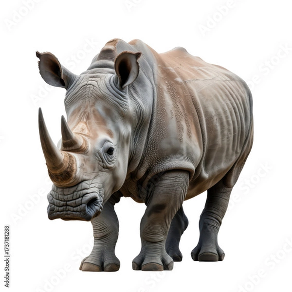 Fototapeta Realistic white rhinoceros standing facing forward with detailed skin texture isolated on a transparent background