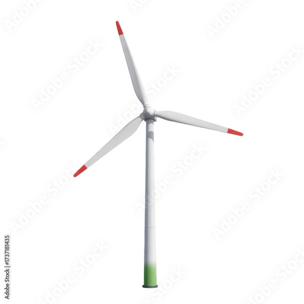 Fototapeta Realistic white wind turbine with red tipped blades and green base isolated on a transparent background