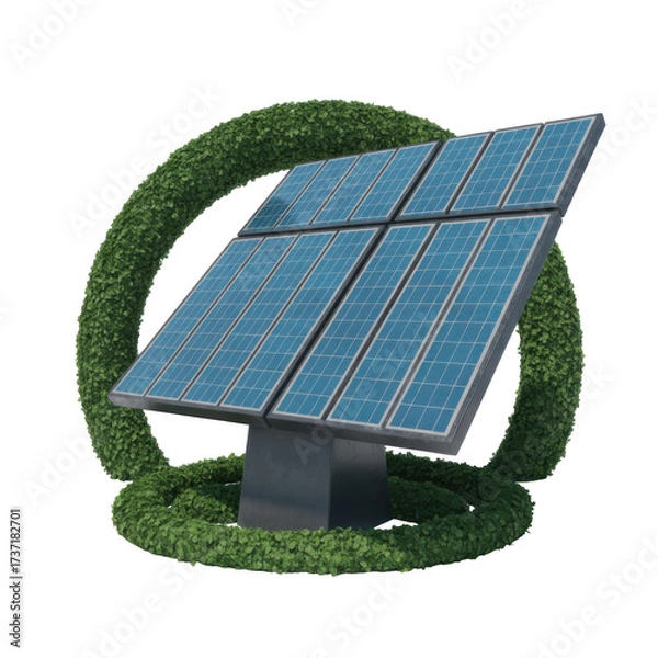 Fototapeta Solar panel array surrounded by green foliage in a circular shape isolated on a transparent background