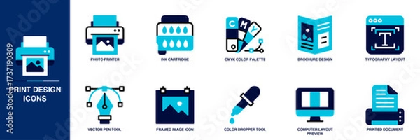 Obraz Print Design Blue Colored Outline Icon Set