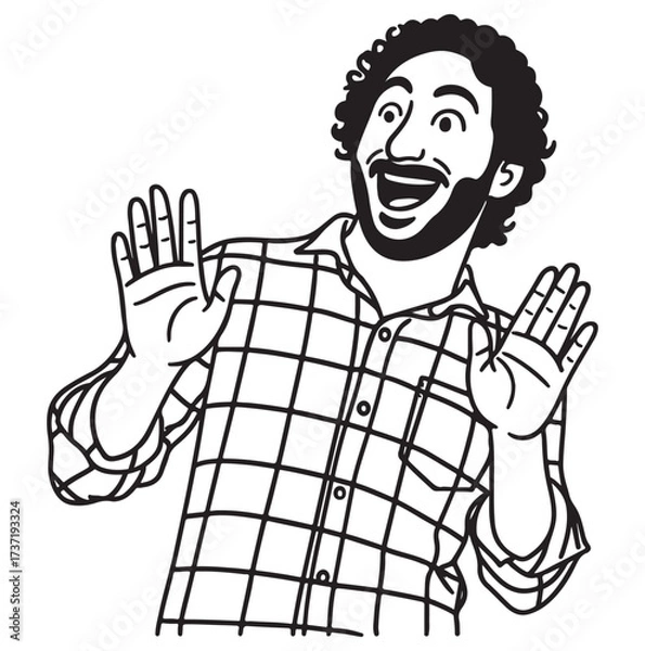 Fototapeta Man with curly hair and beard expressing surprise and joy.