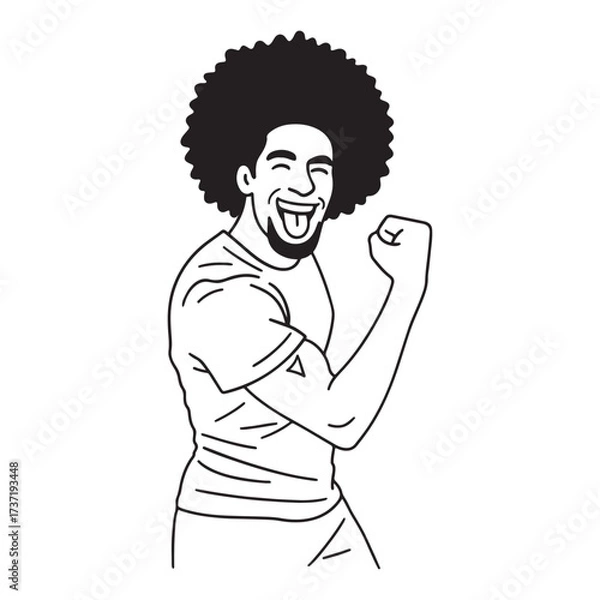 Fototapeta Joyful man celebrates success with raised fist and beaming smile of happiness.