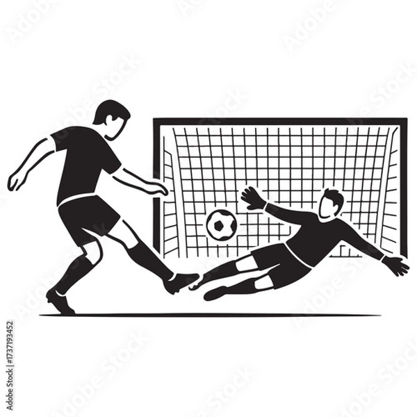 Fototapeta Soccer player shooting on goal with goalkeeper diving to save.