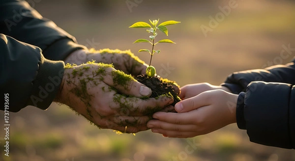 Fototapeta Close up of Hands Planting a Seedling Symbol of Growth Hope and Environmental Stewardship
