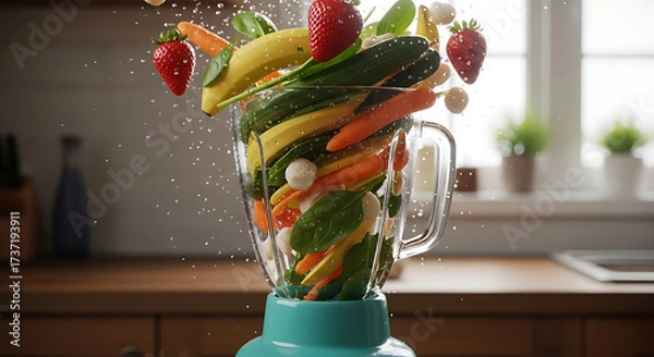 Fototapeta Healthy Smoothie Prep Fruits and Vegetables Flying into a Blender