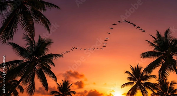 Fototapeta Tropical Sunset with Palm Trees and Birds in Flight Warm Evening Paradise