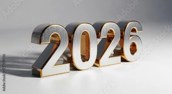 Fototapeta Shiny metallic 3d text 2026 number forming futuristic new year celebration concept