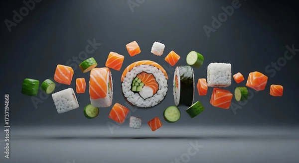 Fototapeta Delicious Sushi Roll Arrangement Fresh Salmon and Cucumber for Restaurant Menu and Asian Food Concepts