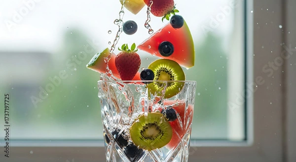Fototapeta Refreshing Fruit Explosion Water Splash with Watermelon Kiwi Strawberries and Blueberries
