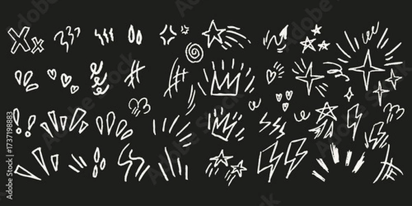 Fototapeta Pen doodles with sketchy symbols, stars, lightning, crowns, hearts, exclamation cartoon elements. White highlights, emphasis, children’s drawing icons. Pop art or graffiti marks.