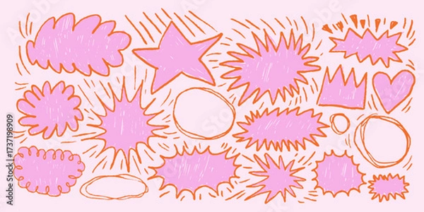 Fototapeta Girly pink speech bubbles, stars, hearts, crowns, frames in girly sketch style. Angular starburst forms, highlight shapes for notes. Kids drawing chalkboard doodles.