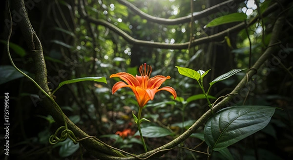 Fototapeta Vibrant Orange Lily Blossom in Tropical Rainforest Surrounded by Lush Greenery and Intertwined Vines