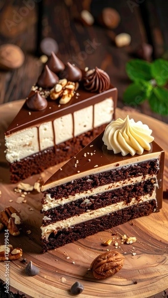 Fototapeta Two slices of decadent, layered chocolate cake with creamy frosting