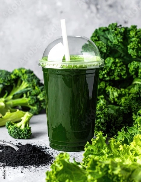 Fototapeta Green smoothie in a plastic cup with broccoli and lettuce, charcoal nearby