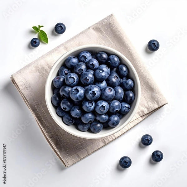 Fototapeta Bowl of fresh blueberries on a cloth napkin, with a few berries scattered around