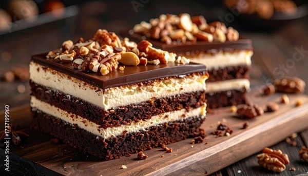 Fototapeta Two layered decadent chocolate cake slices topped with nuts, on a wooden board