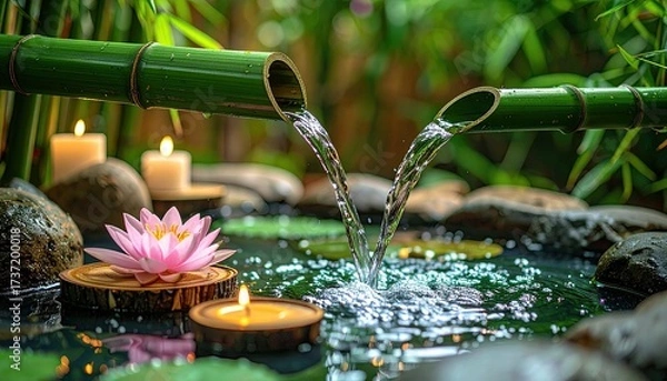 Fototapeta Serene water feature with bamboo spouts, candles, and lotus flower