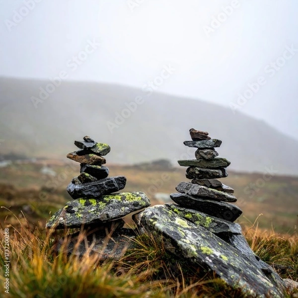 Fototapeta Two stone cairns in a misty, mountainous landscape with long grass