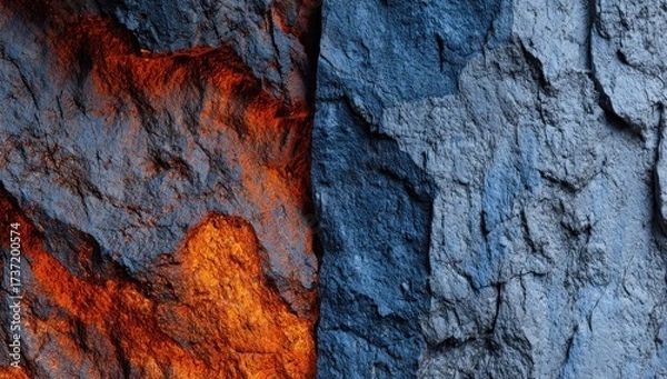 Fototapeta Textured split design showing a fiery, orange left side and cool, blue right side rock face