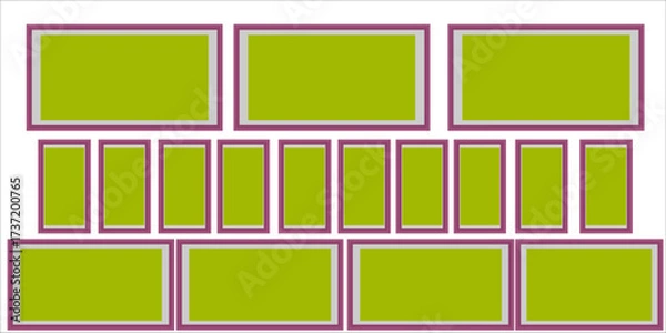 Fototapeta Many black blank picture on wall. Frame template for design poster. Picture frames set. Vector EPS10