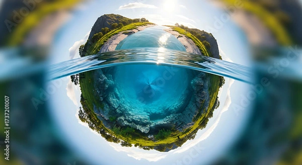 Fototapeta Surreal Underwater Panorama of a Tropical Island Paradise with Clear Turquoise Water and Lush Greenery