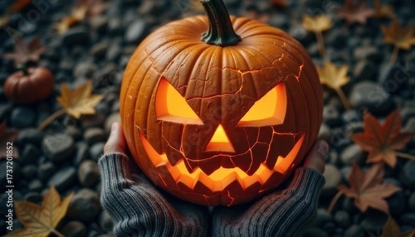 Fototapeta Spooky Jack-o'-Lantern with Cracks Surrounded by Autumn Leaves
